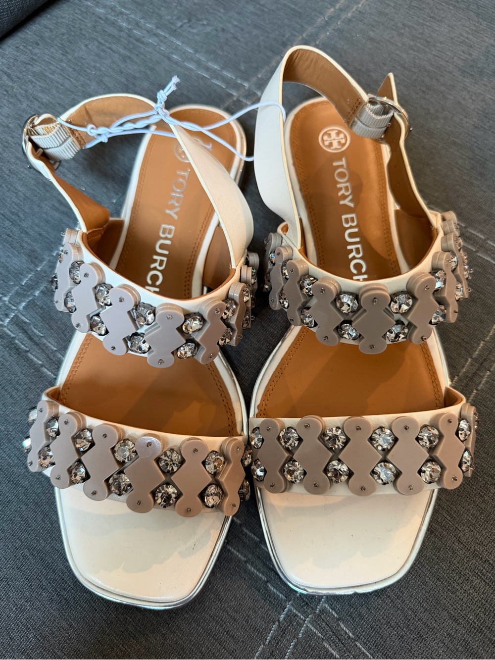 NWOT Tory Burch Tan Crystal-Embellished Delaney Leather Sandals